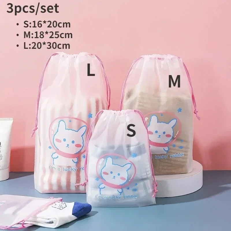 3pcs/set Cute PVC Waterproof Transparent Frosted Drawstring Bag Outdoor Travel Storage Bag Portable Cosmetic Toiletries Wash Bag