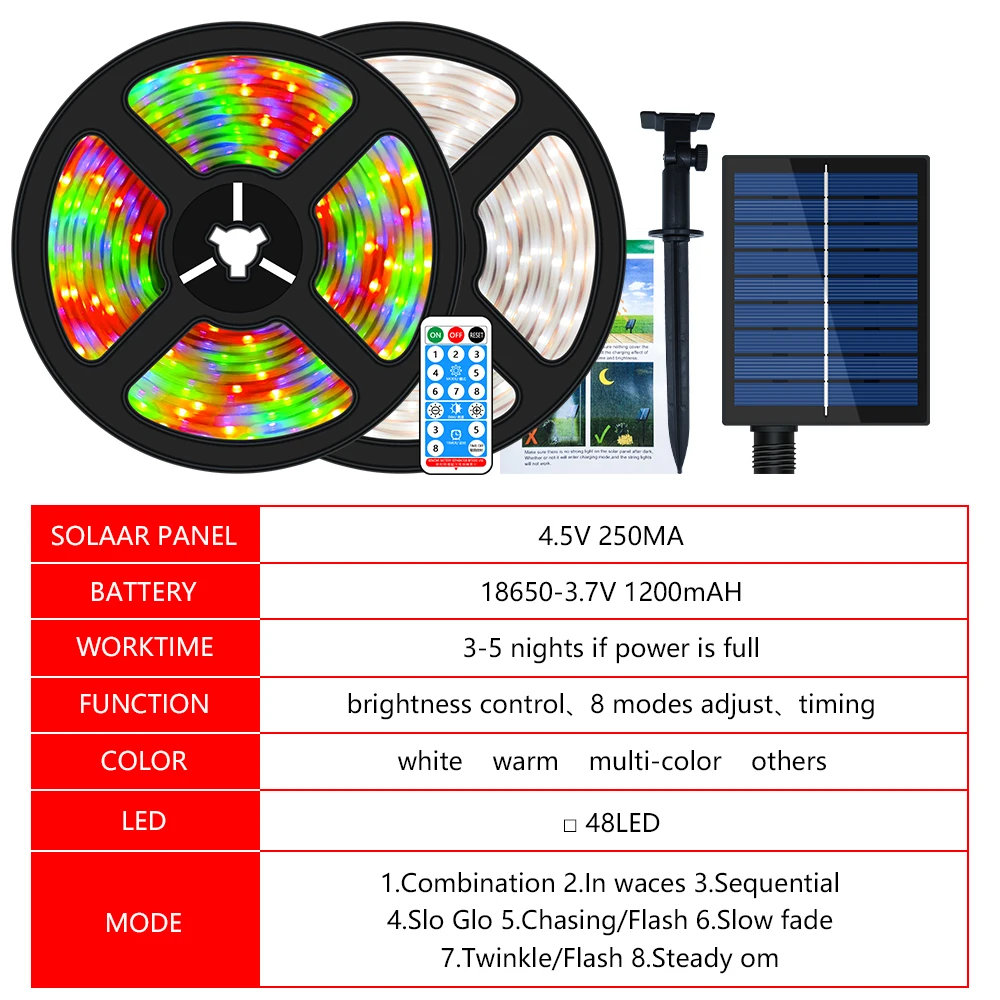 5M/10M solar LED strip lights with 8 modes, Christmas color lights, outdoor IP67 waterproof courtyard decoration solar lights.