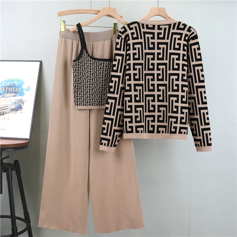 Autumn Knitted Three Pieces Sets 2024 Slim Tank Top Long Sleeves Cardigan Elastic Wide Leg Pants Fashion Sweater Set
