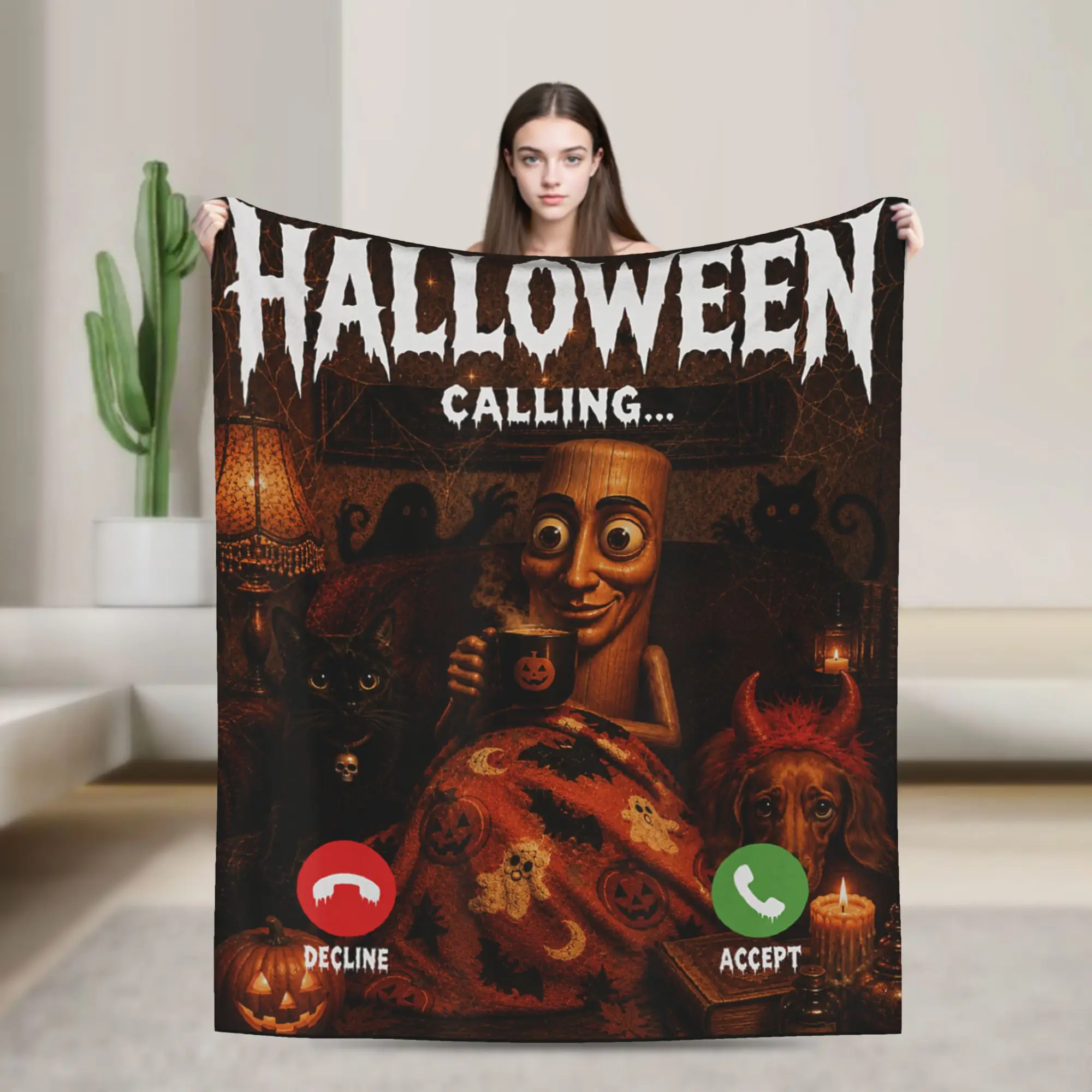 Tung Tung Sahur Black Cat Dog Halloween is Calling Meme Blanket Winter Bedding Throws Girls Bedroom Flannel Bedspread Bed Cover