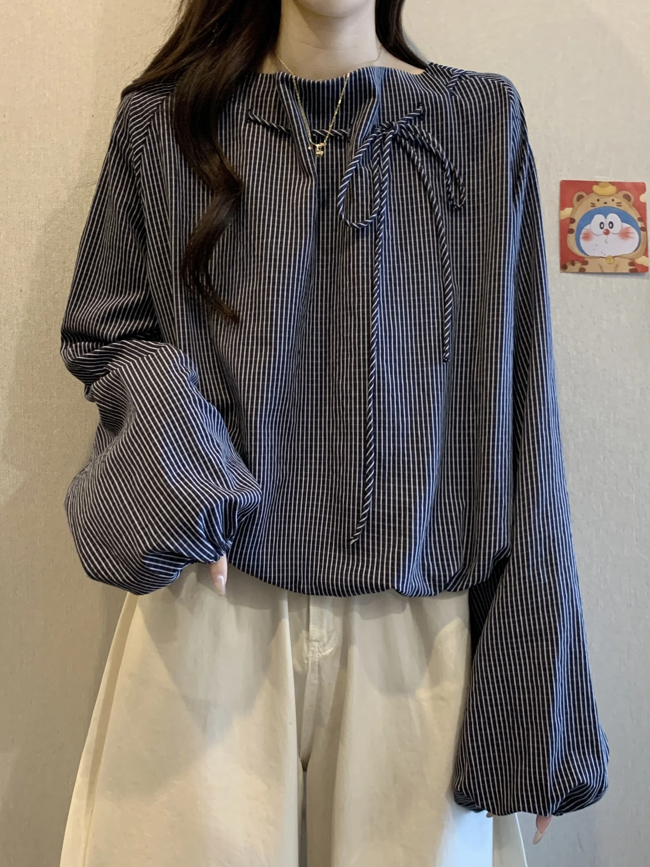 

Уникальное красивое синее полосатое длинное платье для женщин больших размеров, весеннее, скрывающее живот, антивозрастное, топ