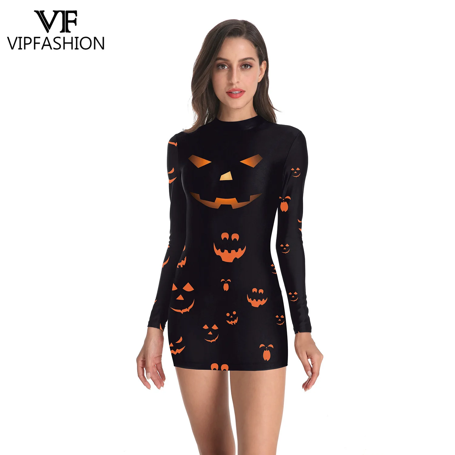 

VIP FASHION Halloween Pumpkin Print Bodycon Dress for Woman Long Sleeve Mini Dress Party Cosplay Costume Festival Show Outfit