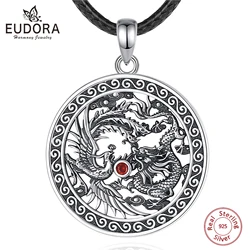 Eudora 925 Sterling Silver Phoenix Dragon Necklace for Women Man Vintage Red Zircon Sun Amulet Pendant Personality Jewelry Gift
