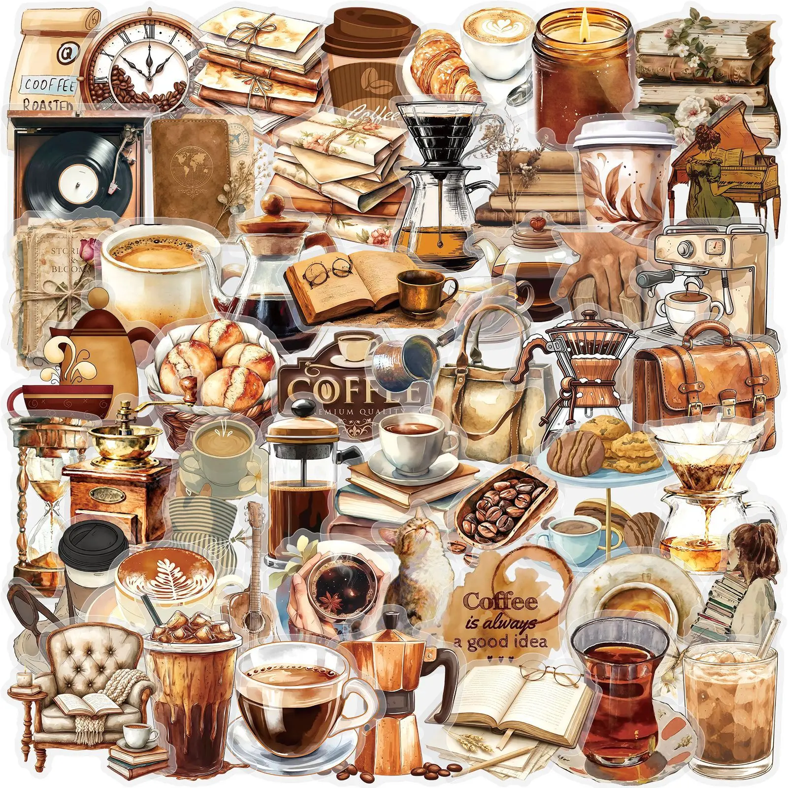 50 PCS Retro Afternoon Tea Coffee & Reading Leisure Life Transparent Waterproof Stickers Decorate Water Cup Fridge Lunch Box