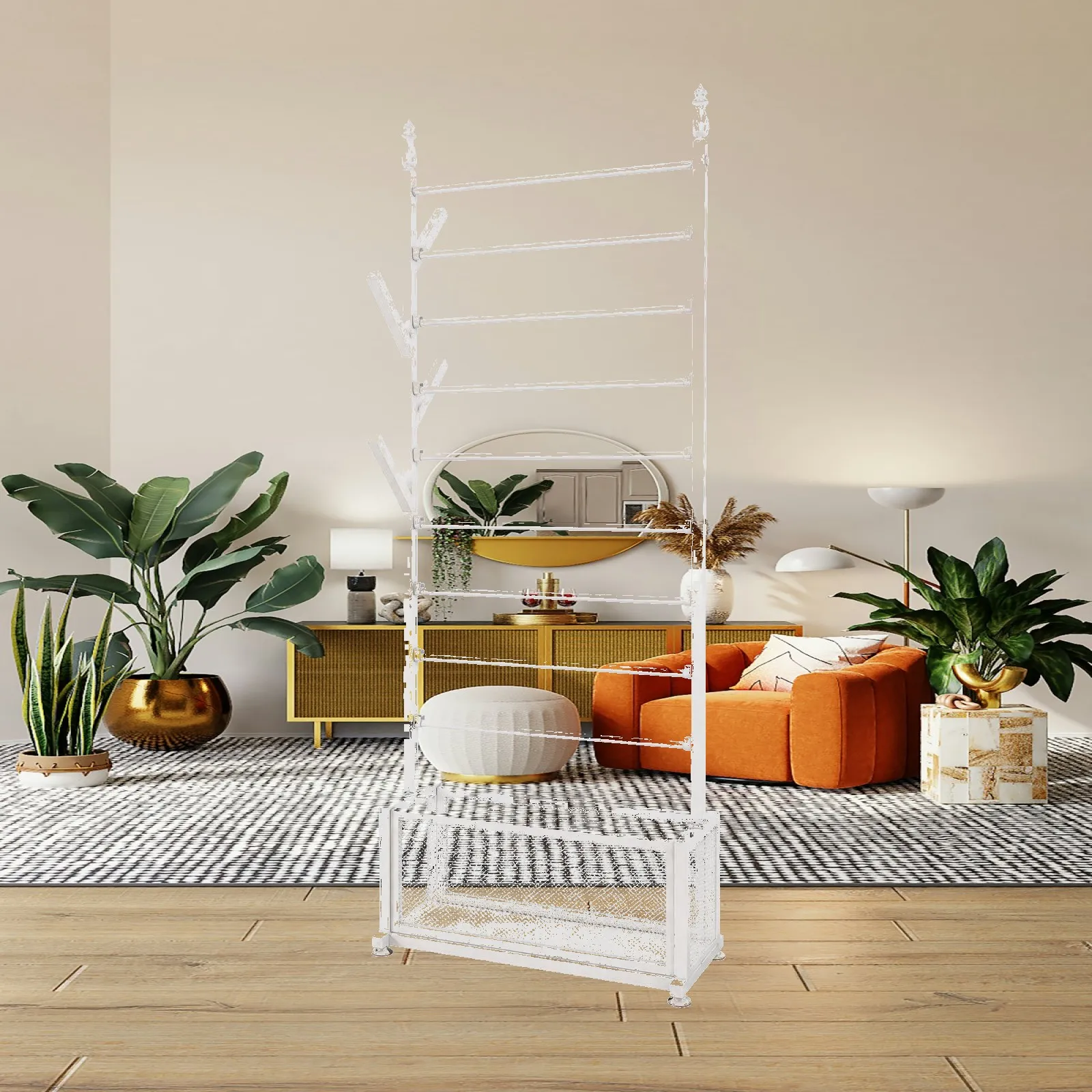 Tall Ribbon Storage Rack Freestanding Metal Display Unit for Gift Wrap Rolls Cloth Scarves with Lower Basket Craft Room