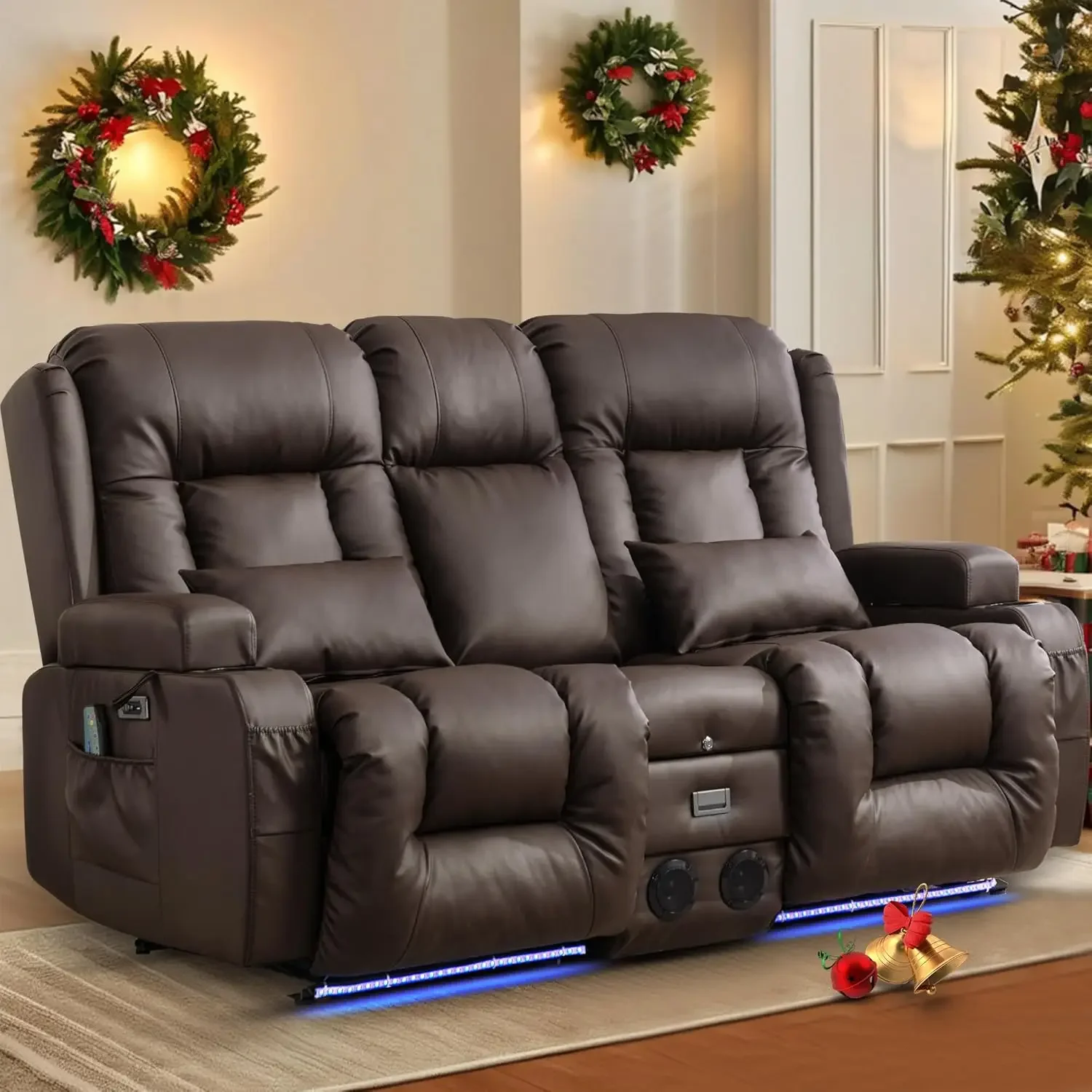 Loveseat Recliner Sofa with Massage & Heat Home Theater Seating with Console Electric Recliner RV Sofa with USB/Outlet/Storage/S