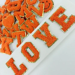 Orange Letters Sticker Patch Alphabet Towel Embroidered Chenille Patches for Clothing Bags Jacket Stick on Accessories Applique