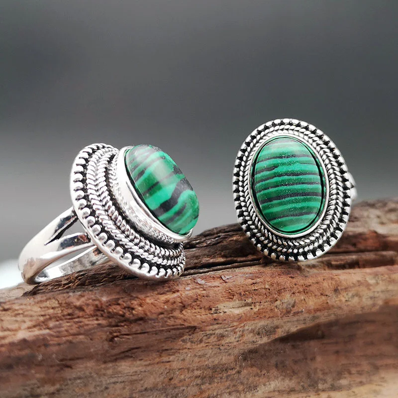 Oval Malachite Rings for Women Antique Silver Plated Rhinestone Plum Flower Vintage Fashion Jewelry