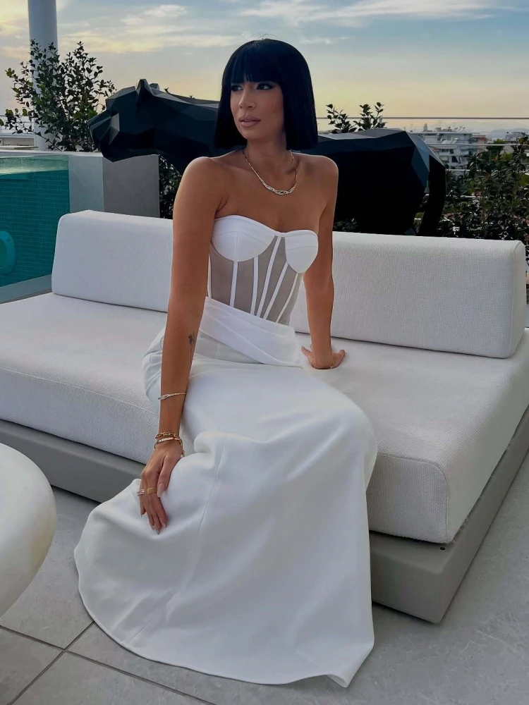 2025, zweiteiliges Set für Damen, weiße Röcke, sexy, trägerloses Crop-Korsett + plissierte Falten, schmale Röcke, Sets, Abendparty, Cocktail-Anzüge