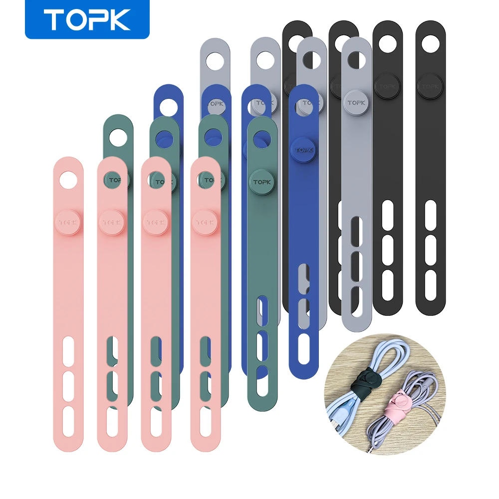 TOPK Silicone Cable Ties Assorted Color Reusable Heavy Duty Cable Organizer Management for Fastening Cords and Wires