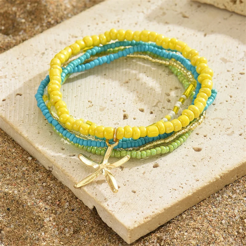 Fashion Multilayer Rice Beads Starfish Pendant Anklet for Women Female Boho Colorful Jewelry Summer Beach Foot Ankle Chain Gifts