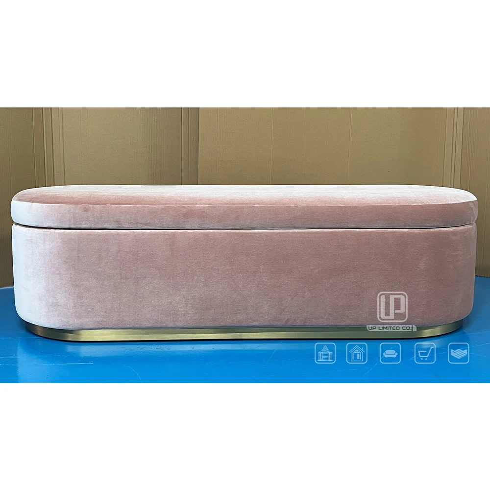 Modern Pink Linen Storage Bench With Rounded Edges Polished Gold Base Soft Padded Design For Bedroom School Hotel Room Decor