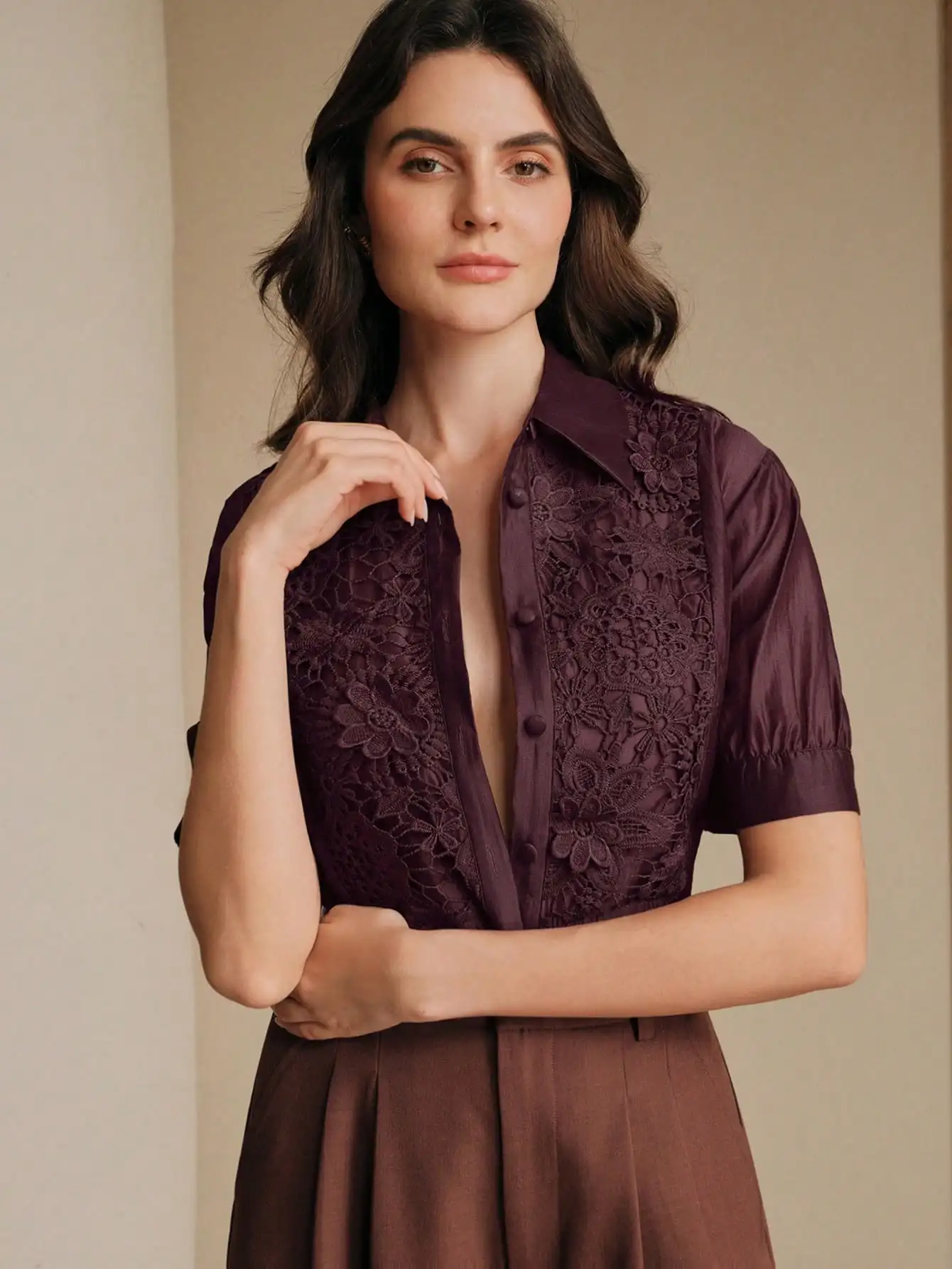 

Elegant Sheer Lace Trim Blouse For Spring Summer Holiday Vacation