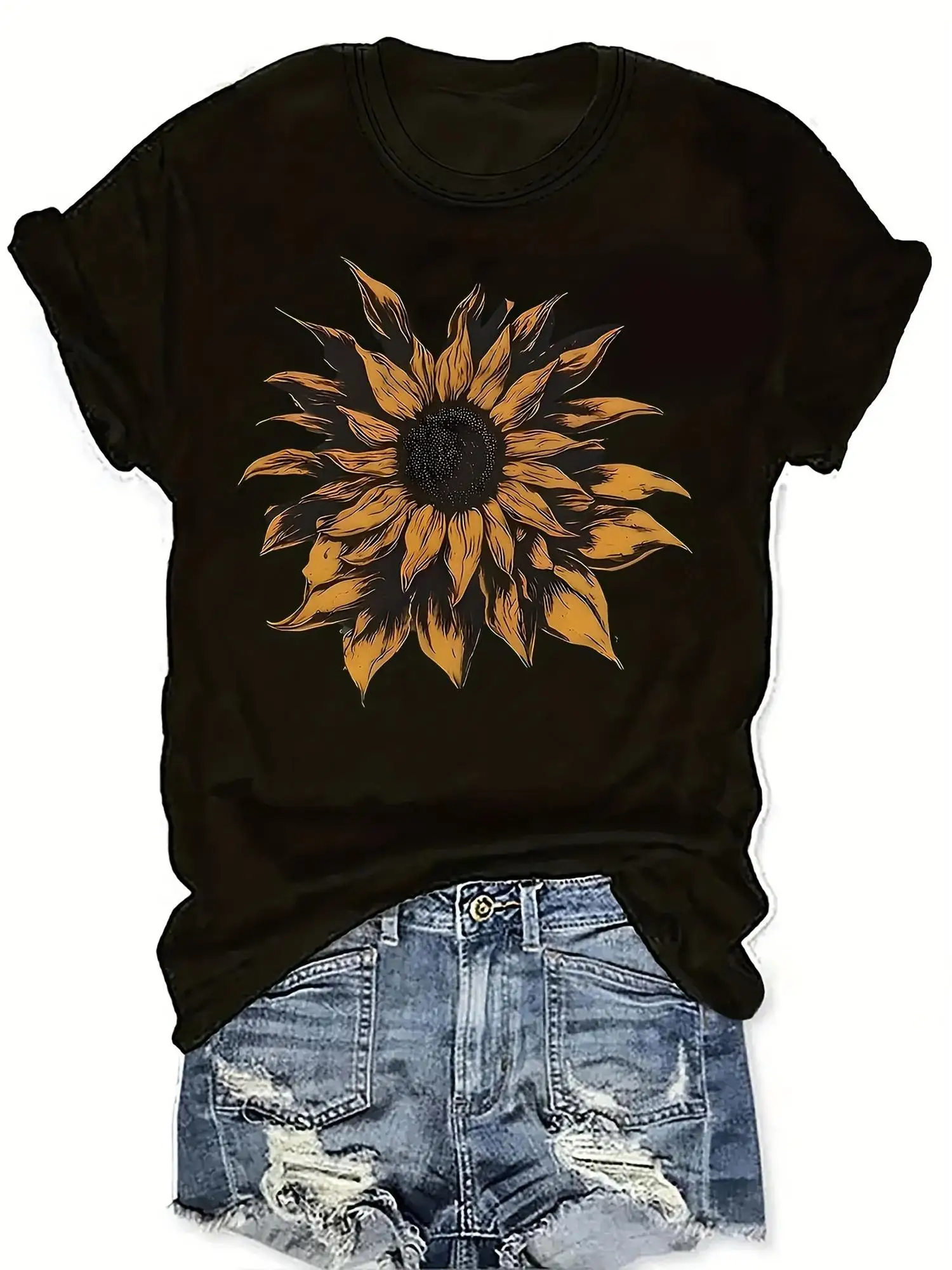 Women's Black and Yellow Sunflower Printed T-Shirt - Short Sleeve Crew Neck Casual Top, Brown Gold Floral Design, Loose Version Four Seasons Comfortable, Machine Washable Daily Spring and Summer Wear, Crew Neck, Women's Fashion Regular Version