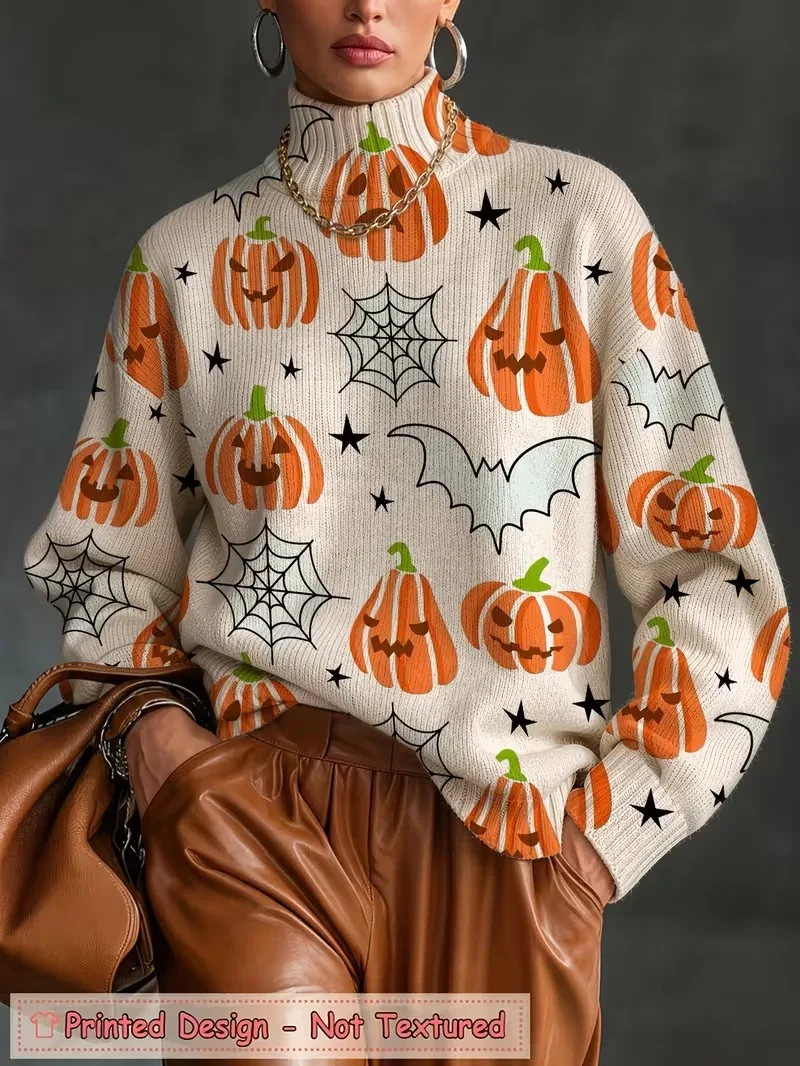 2026 New Women'S 3D Printed Long Sleeve High-Neck Tops Street Fashion Loose Casual Style Autumn Winter Pullovers Non Sweater Top