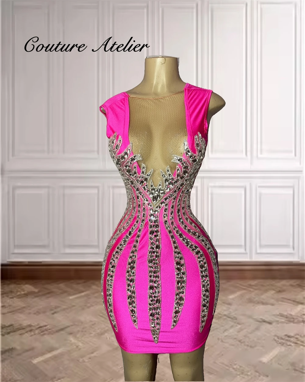 Sexy Silver Stones Hot PInk Prom Dresses 2024 Birthday Luxury Dress Special Cute Rhinestone Crystal Mini Cocktail Robe De Bal