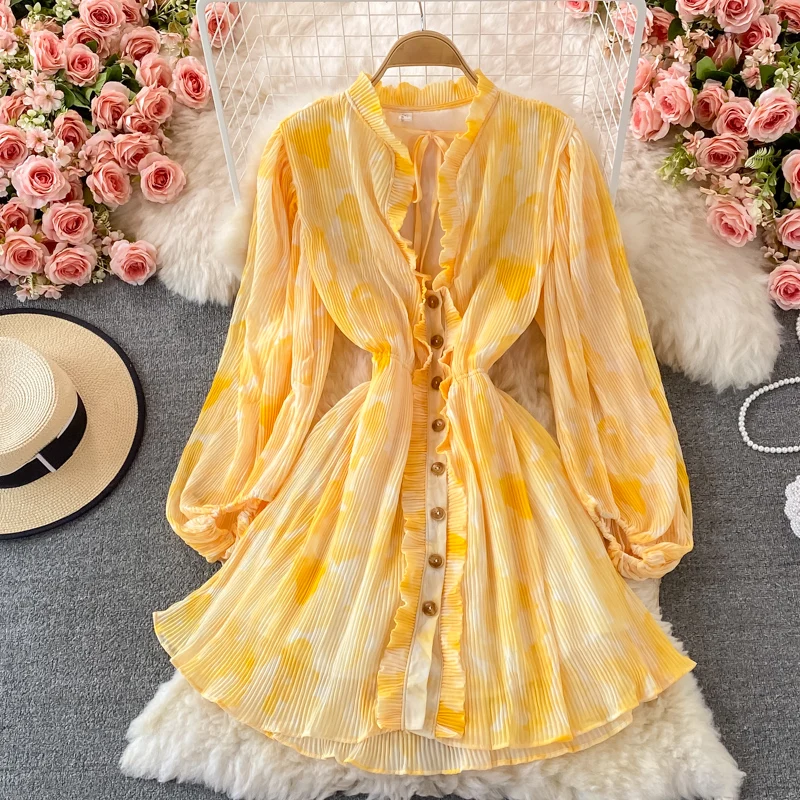 Imagem -03 - Outono Feminino Vintage Fungo Colarinho Camisa de Renda Vestido Cardigan Tie-dye Print Beachwear Mini Vestido de Manga Comprida Senhora 2023