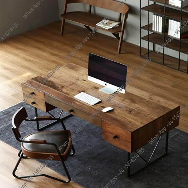 

Nordic American wrought iron desk with drawers, writing desk covered with ancient creative solid wood boss desk, computer desk f