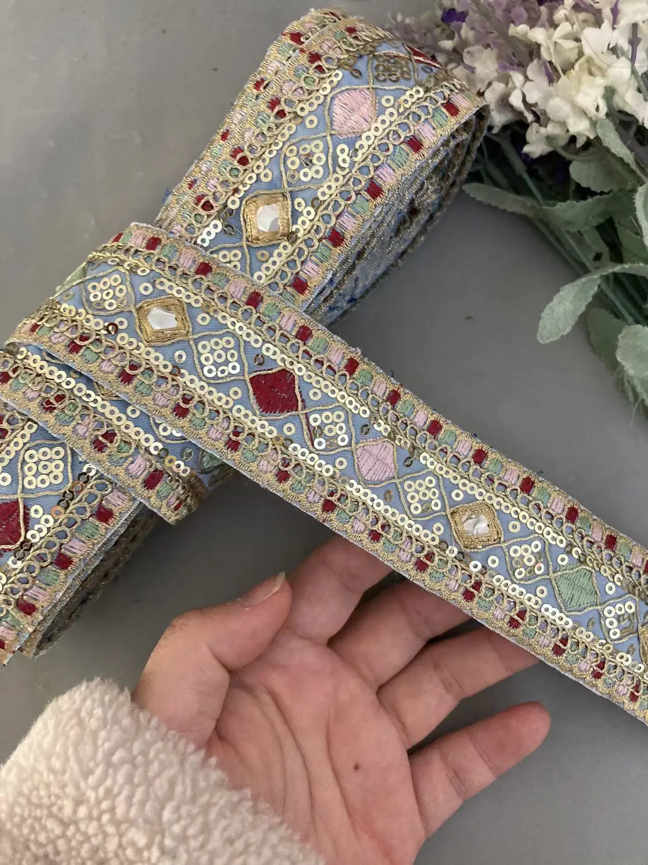 1 Yard Light Blue 4.5cm Wide Ethnic Style Embroidery Lace Accessories Diamond-shaped Sequin Embroidered Barcode Clothing Webbing