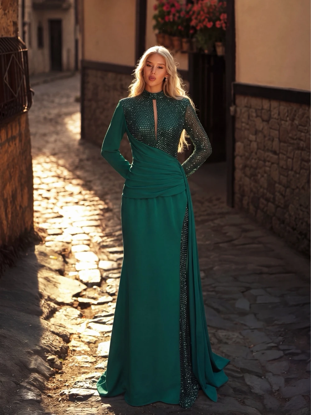 Elegant Emerald Green Mermaid Evening Dress High Neck Keyhole Long Sleeve Beaded Sequin Draped Satin Muslim Prom Gown Customized