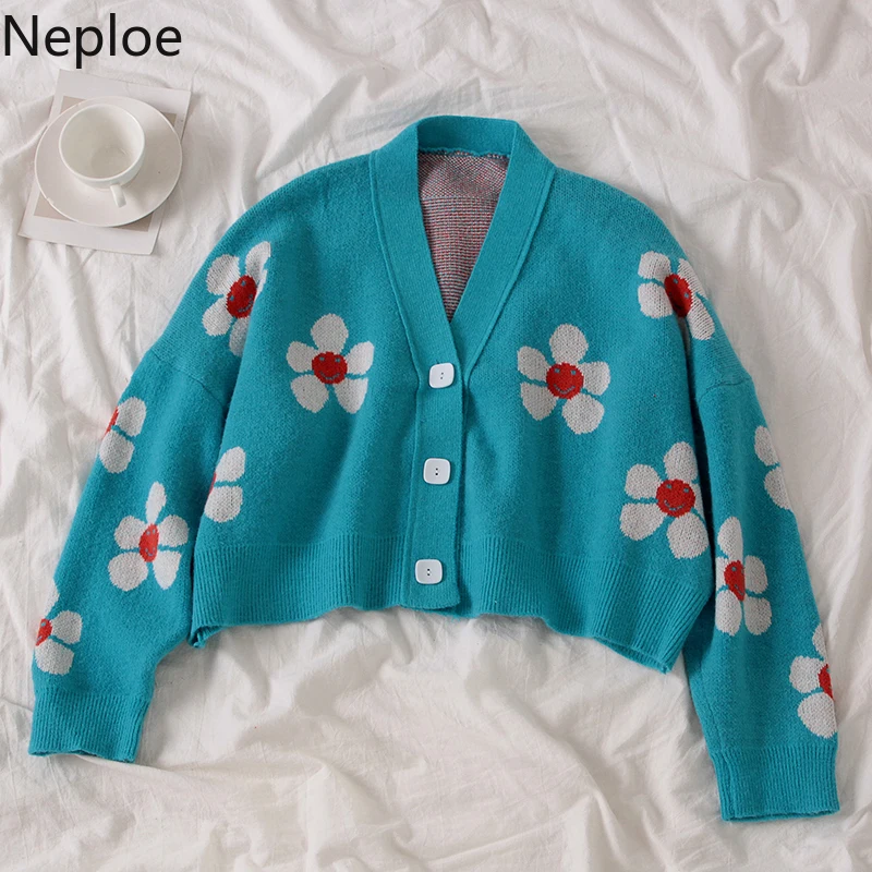 Neploe Preppy Style Flower Knit Cardigans Sweater Women V Neck Loose elegaht Thicked Pull Femme Print Short Casual Coat 46565