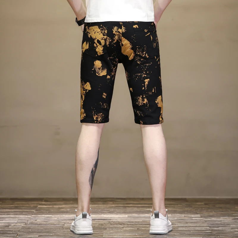 Summer Thin Black Denim Shorts Printed Personality Fashion Brand Five-Point Casual Pants Korean Stretch Beach Pants