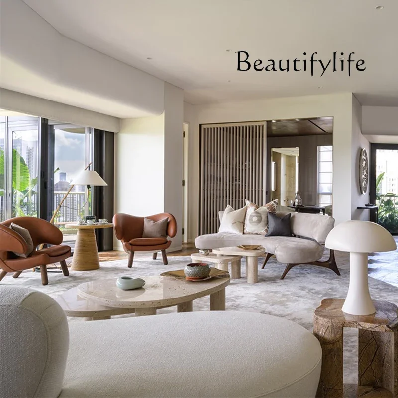 BJ Minimalist Natural Travertine Special-shaped Coffee Table Designer Marble Light Luxury Living Room Sofa Coffee Table