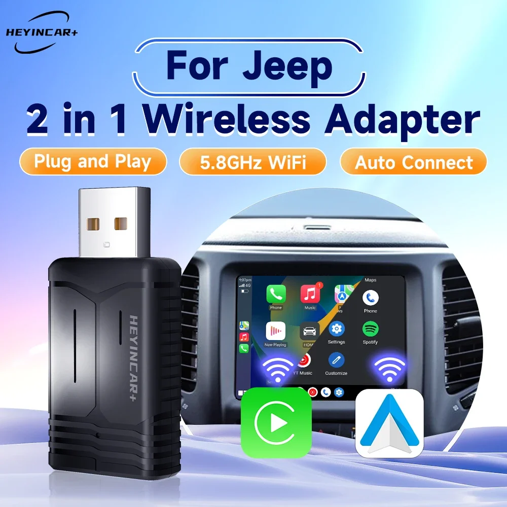 2024 HEYINCAR 2in1 Wireless Android Auto Adapter Carplay Wireless   Wagoneer Compass  Benegde  Gladiator