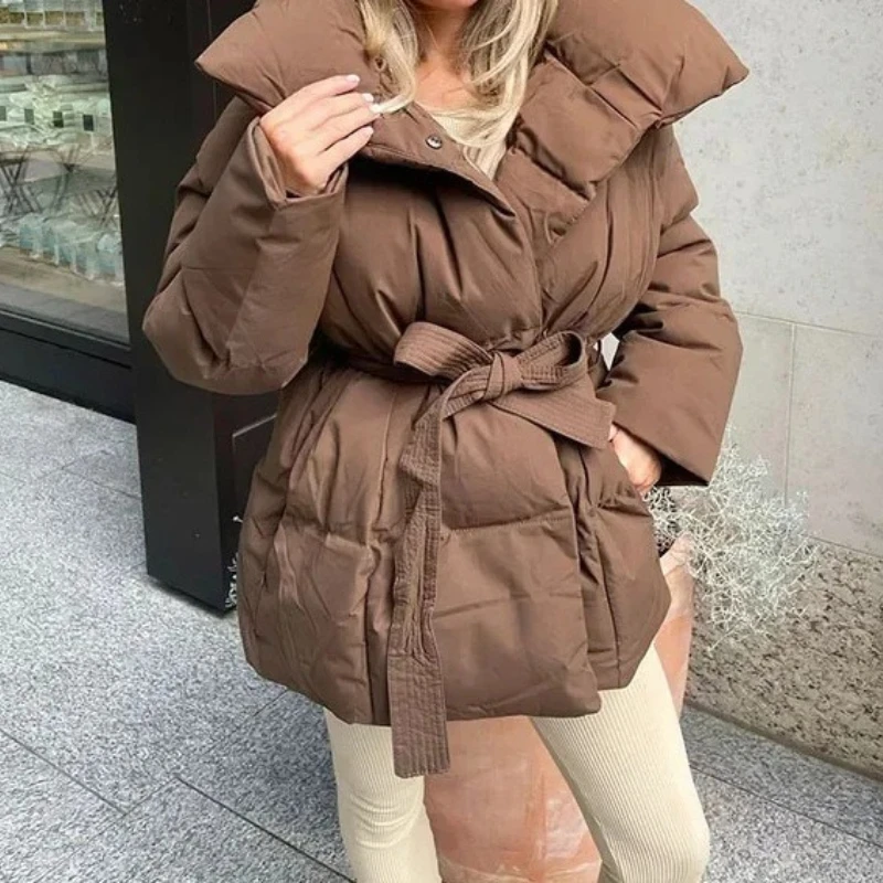 Women Solid Lace Up Cotton Coat Fashion Lapel Long Sleeve Warm Pocket Loose Short Coats New Lady Winter Commute Street Outwears
