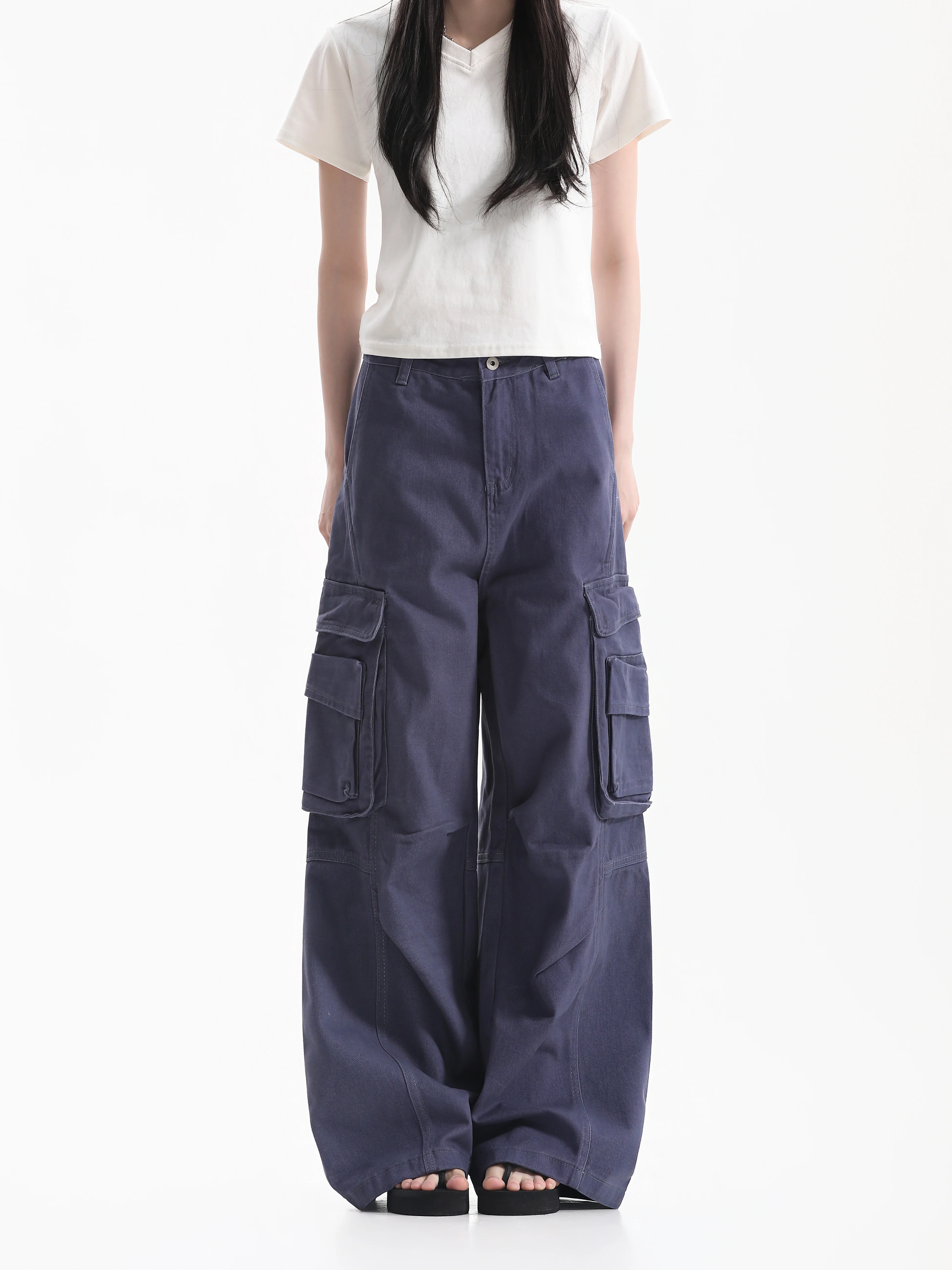 Retro American Washed Blue Work Pants Women's Neutral Wide Leg Pants with Big Pockets Casual Comfortable Cotton Jeans
