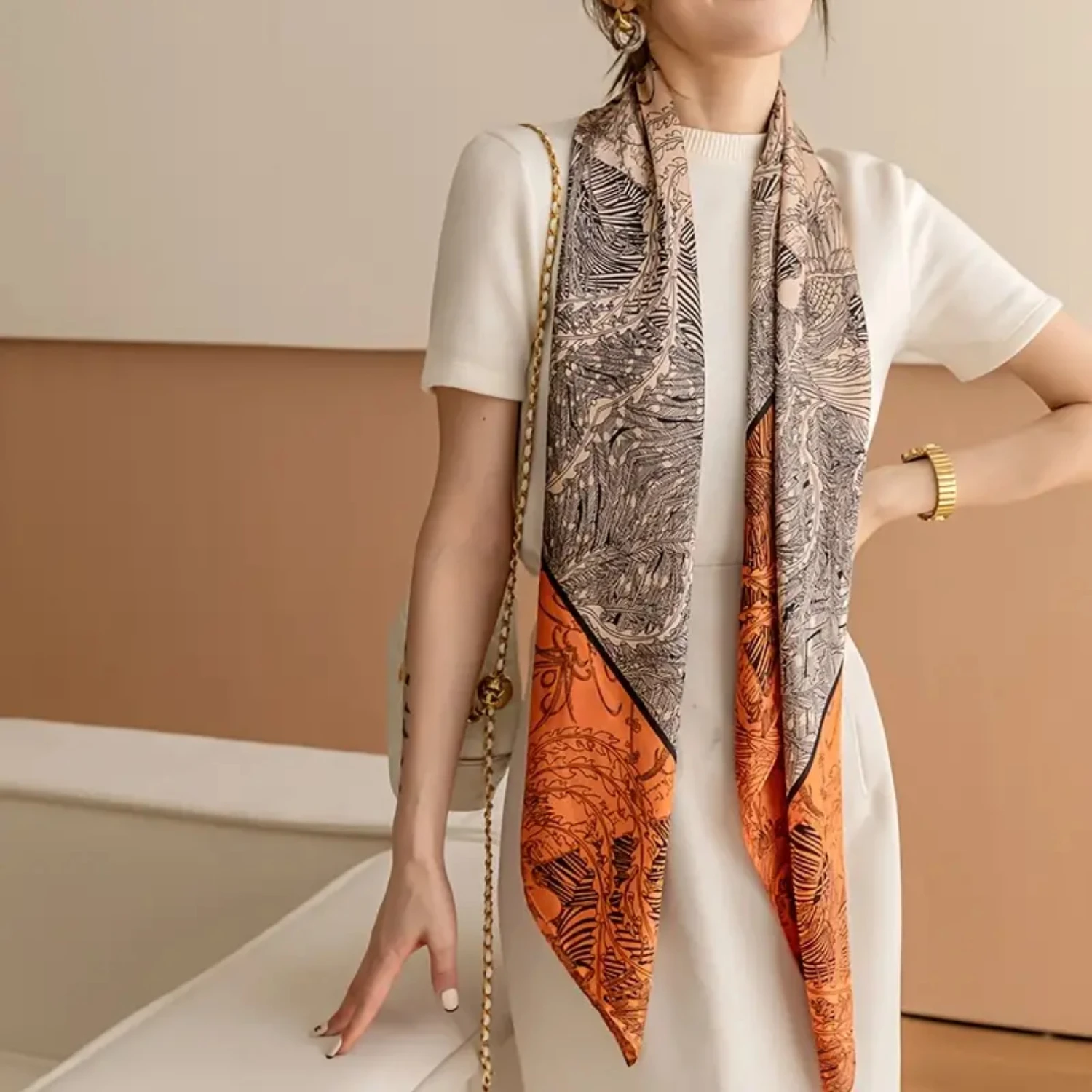 

"Stylish, fashionable, and decorative imitation silk square scarf - the ultimate holiday beach towel with a perfect sunshade pri