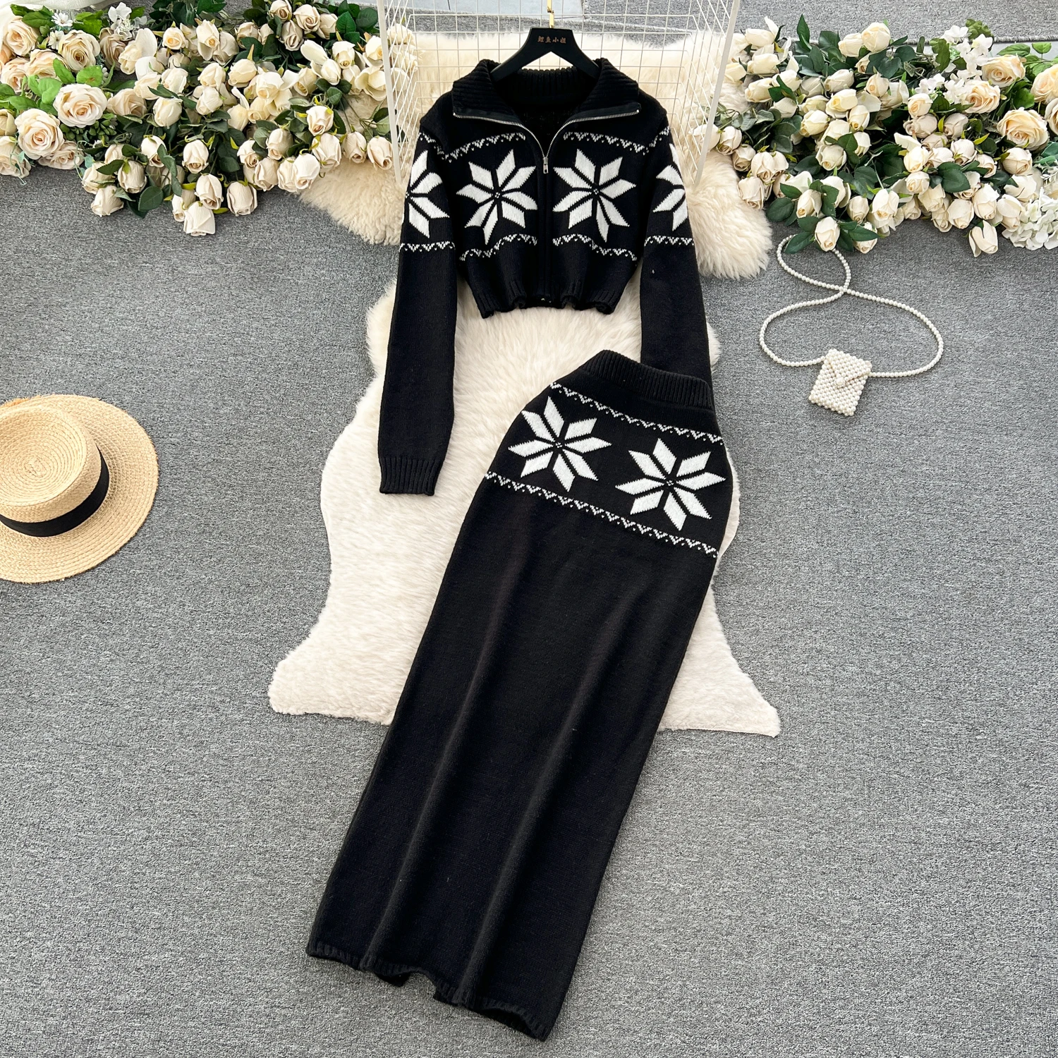 Women Warm Soft Knitting Suit Contrast Floral Print Full Sleeve Short Sweater Coat+Elastic Waist Split Skirt Two Pieces Lady Set