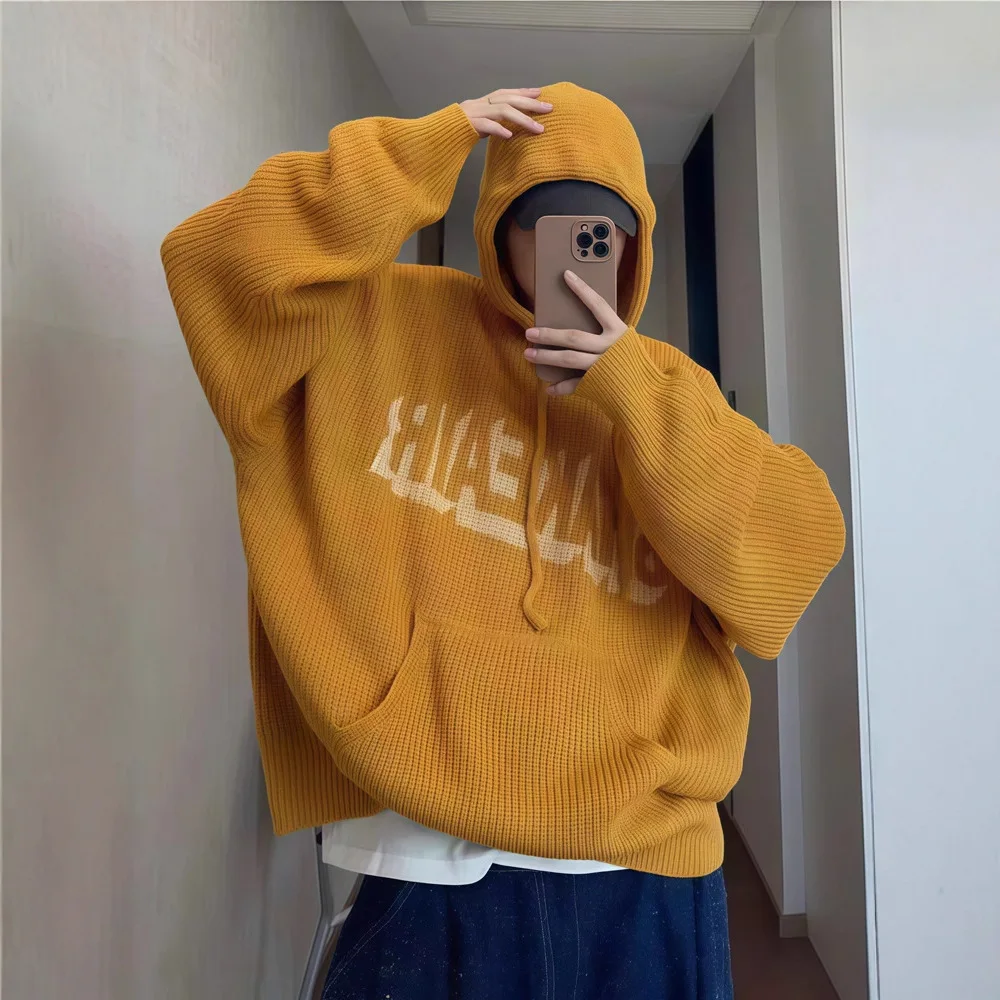 Unisex Knitting Hoodies 2025 Autumn Winter New Retro Lazy Sweater Hooded Heavyweight Soft Cozy Loose Drapey Men's Knit Outerwear