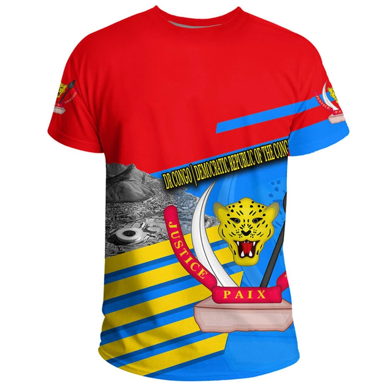 Democratic Republic of the Congo Flag 3D Printing National Emblem T-shirt Summer Casual Crew Neck Tee Shirts Short Sleeve Tops