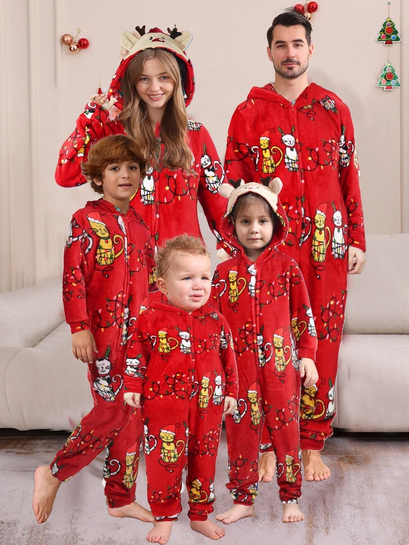 

Зимний женский и мужской фланелевой комбинезон, интегрированная одежда для сна, рождественский комбинезон с капюшоном и мультяшным принтом, одинаковые рождественские пижамы для всей семьи