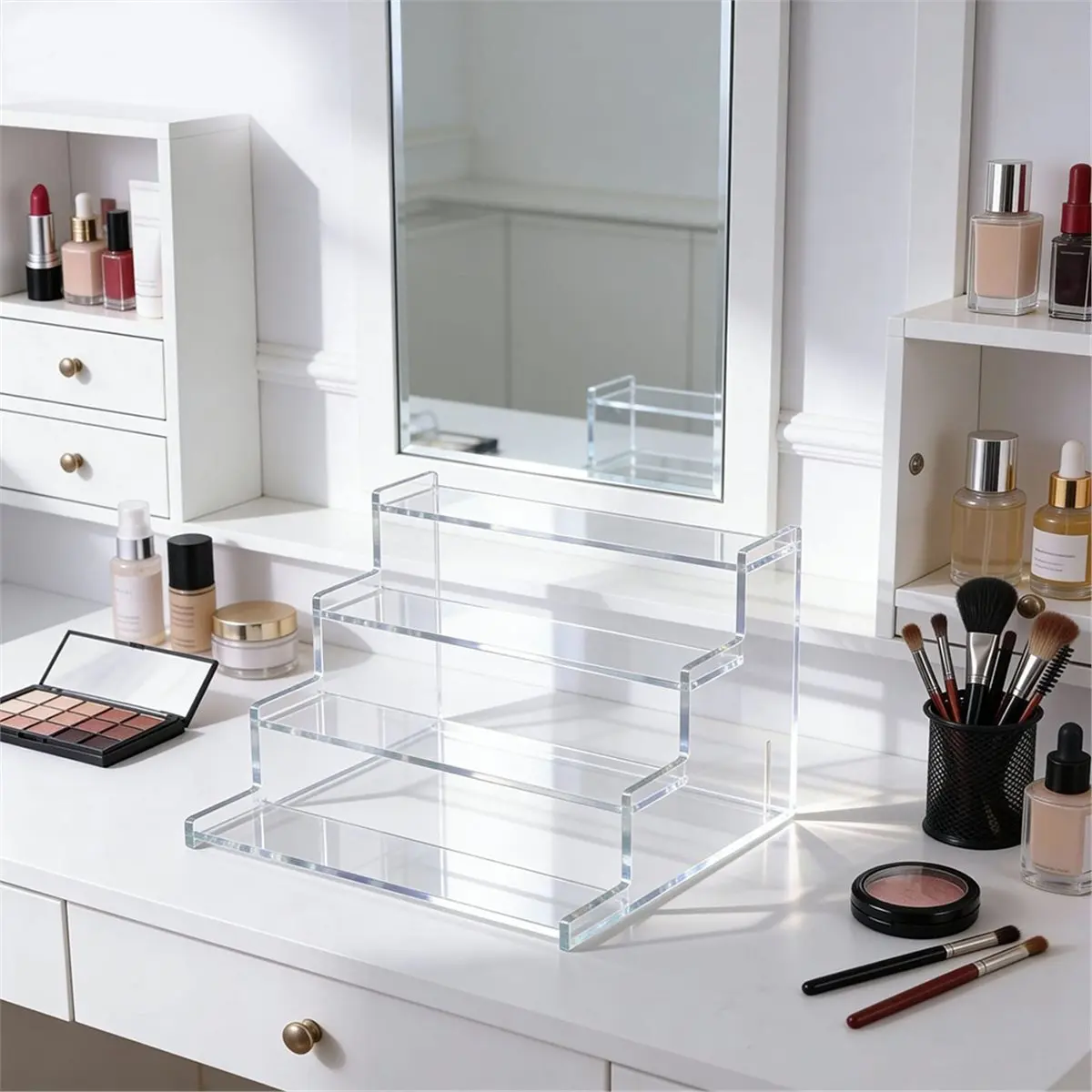 (A02R] 4 Tier Transparency Acrylic Display Risers, Perfume Organizer Stand,Cupcake Holder Shelf for Figures Dessert Display