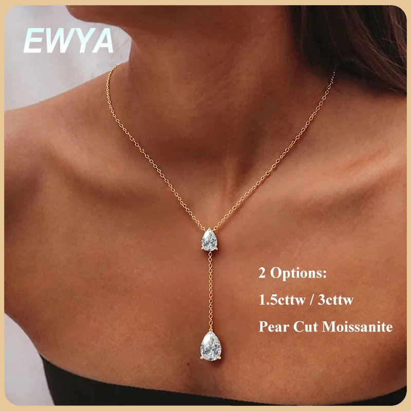 EWYA 2-Stone Pear Cut Moissanite Pendant Necklace Women s925 Silver Y-Style Long Tassel Lab Diamond Bridal Party Neckchain Gift