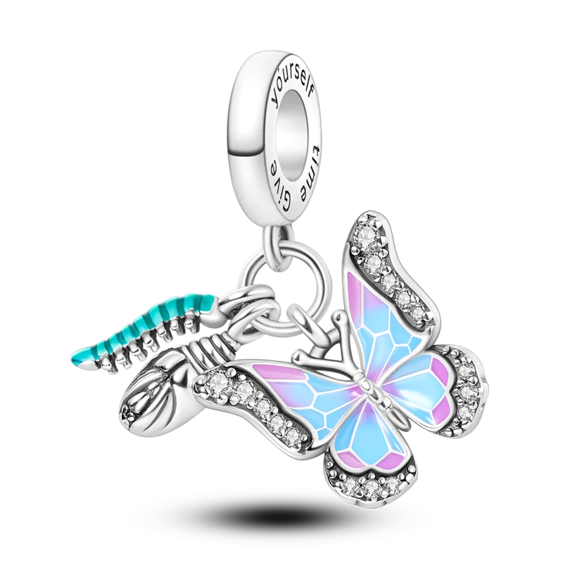 925 Sterling Silver Flower and Colorful Butterfly Beads Charms Fit Pandora 925 Original Bracelet for Women Fine Jewelry Making