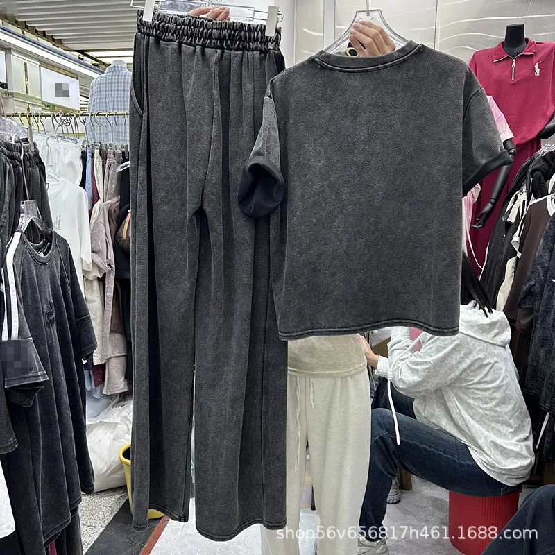 Fashion Black Grey Women Two-piece Set Spring Summer Short Sleeve T-shirt Crop Top + Elastic High Waist Casual Wide Leg Pants view 4