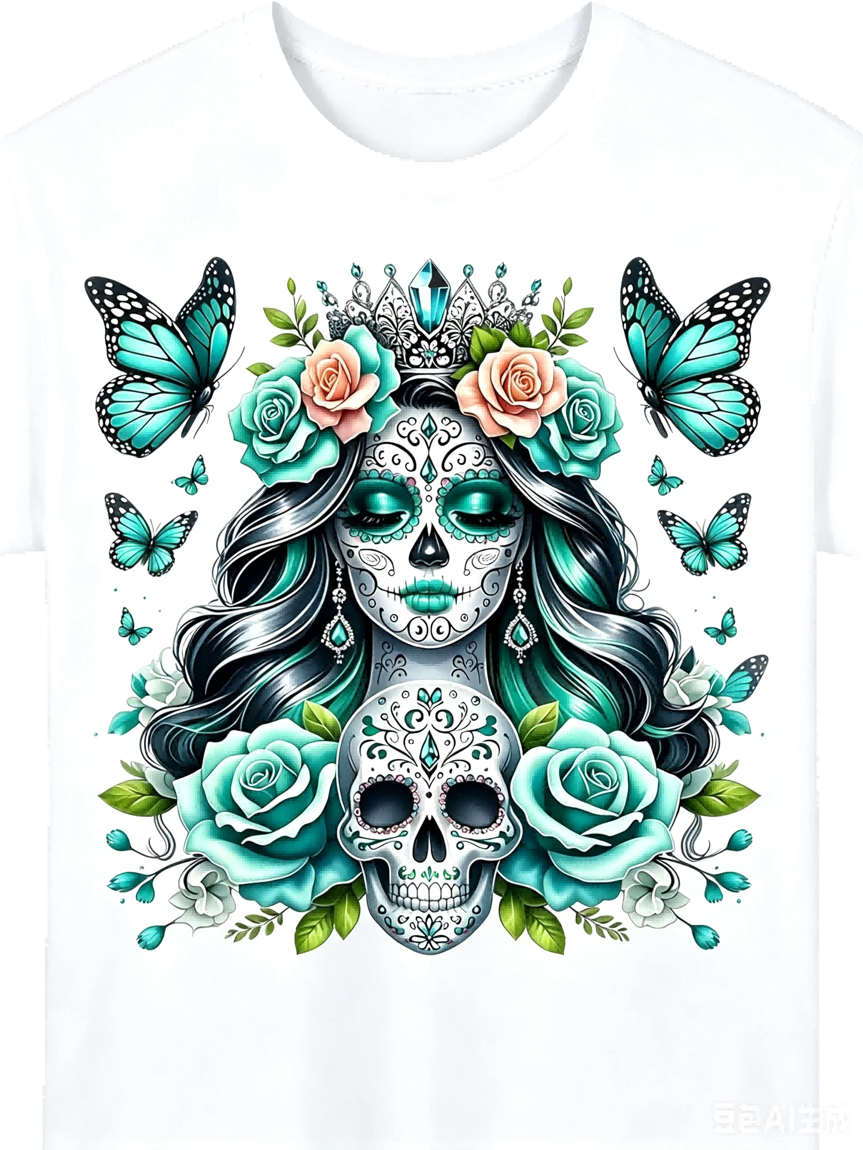 Women's Plus Size Party Tee Dia De Los Muertos Sugar Skull Print And Bright Butterfly Flowers Pure Cotton Fabric Unisex