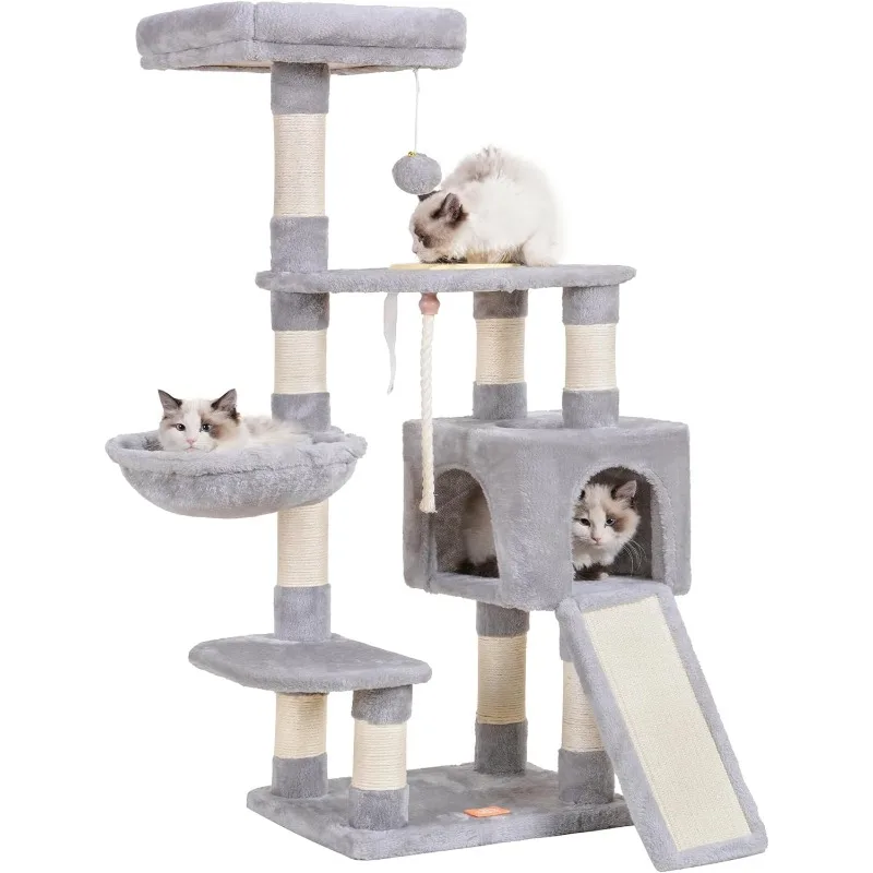 

Cat Tree, Cat Tower for Indoor Cats with Scratching Board, Multi-Level Cat Furniture Condo with Feeding Bowl Light Gray HCT010SW