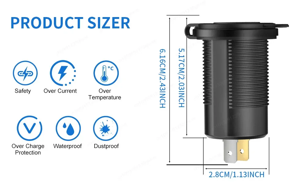 12V USB-Steckdose mit Dual-USB Quick Charge 3.0 Anschluss & PD USB-C Autoladegerät mit Voltmeter und Schalter für Auto, Boot, Marine, LKW – Detail 4