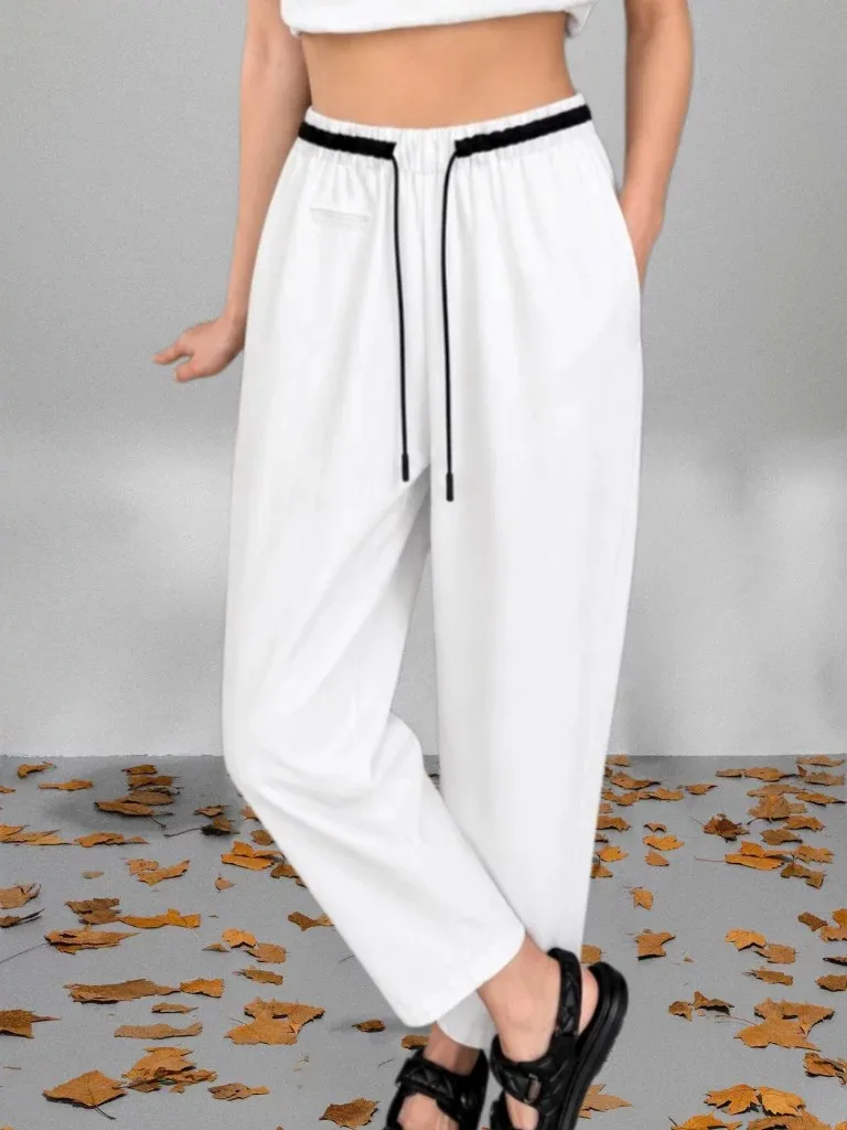 High Waist Wide Leg Pants Women's Summer New Style Nine Points plus Size Slimming Straight Casual Trousers Elastic Waist