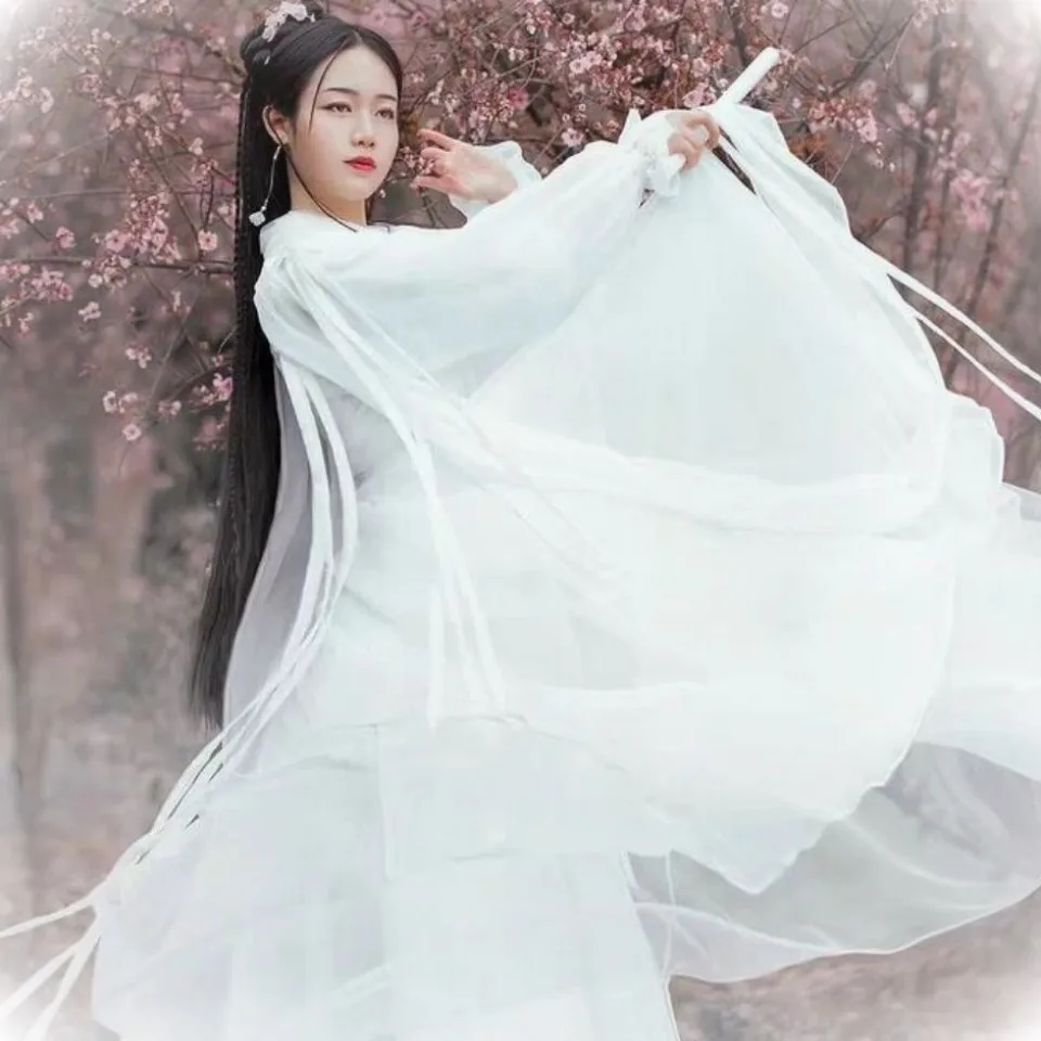 

Chinese Traditional Ancient Dress Antique Halloween Hanfu Women White Red Plus Size Costumes Fairy Princess Cosplay Folk Dance