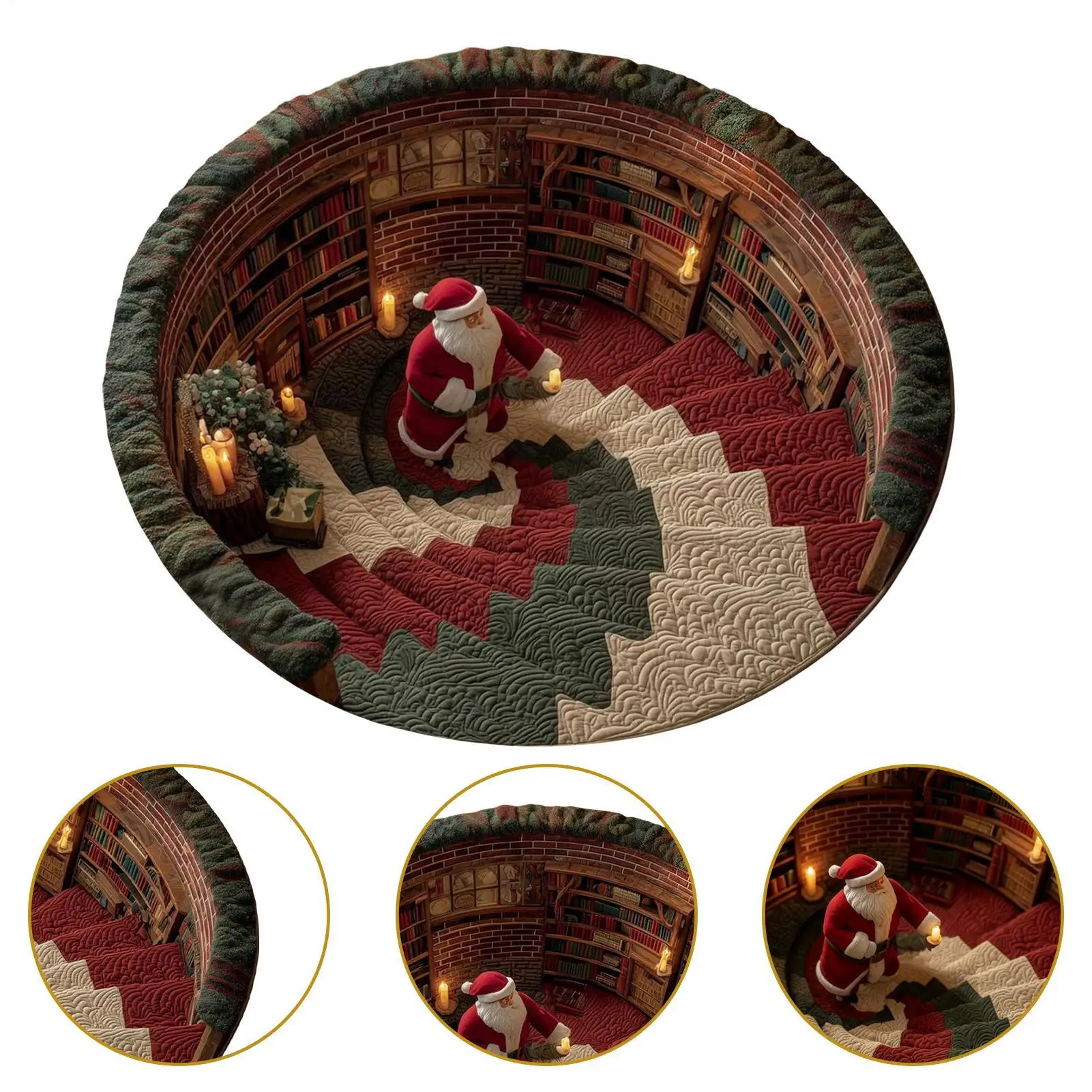 3D Optical Illusion Christmas Rug Santa Printed Floor Mat Round Velvet Carpet Non Slip Holiday Decoration Area Rug Indoor Carpet