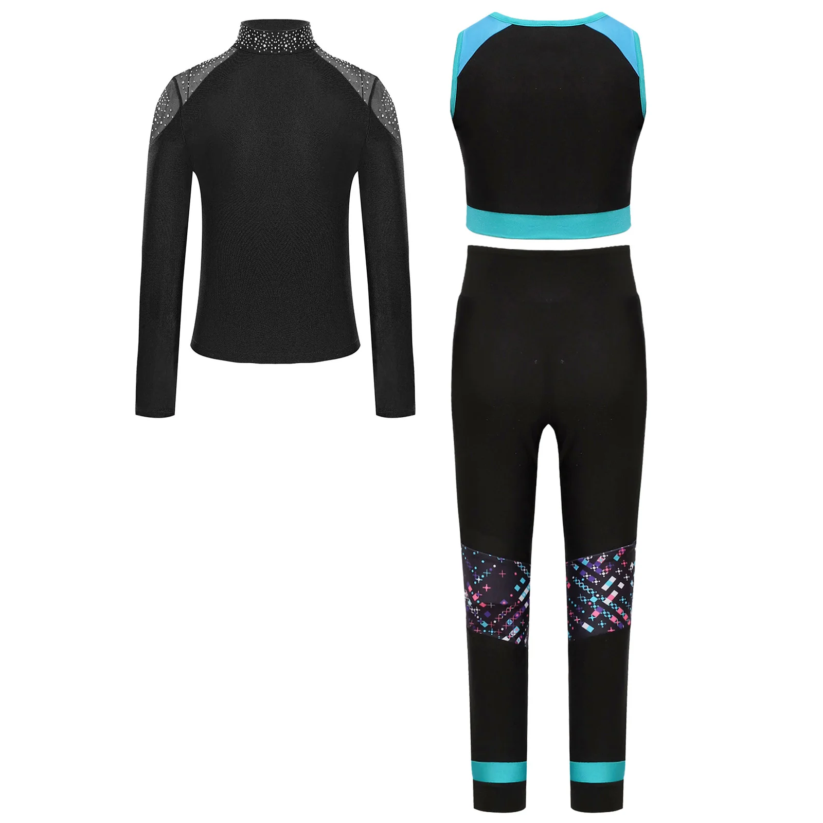 Girls Athletic Outfit Gymnastic Workout Tank Crop Leggings with Long Sleeve Figure Skating Jacket for Jazz Dancewear Sports Set