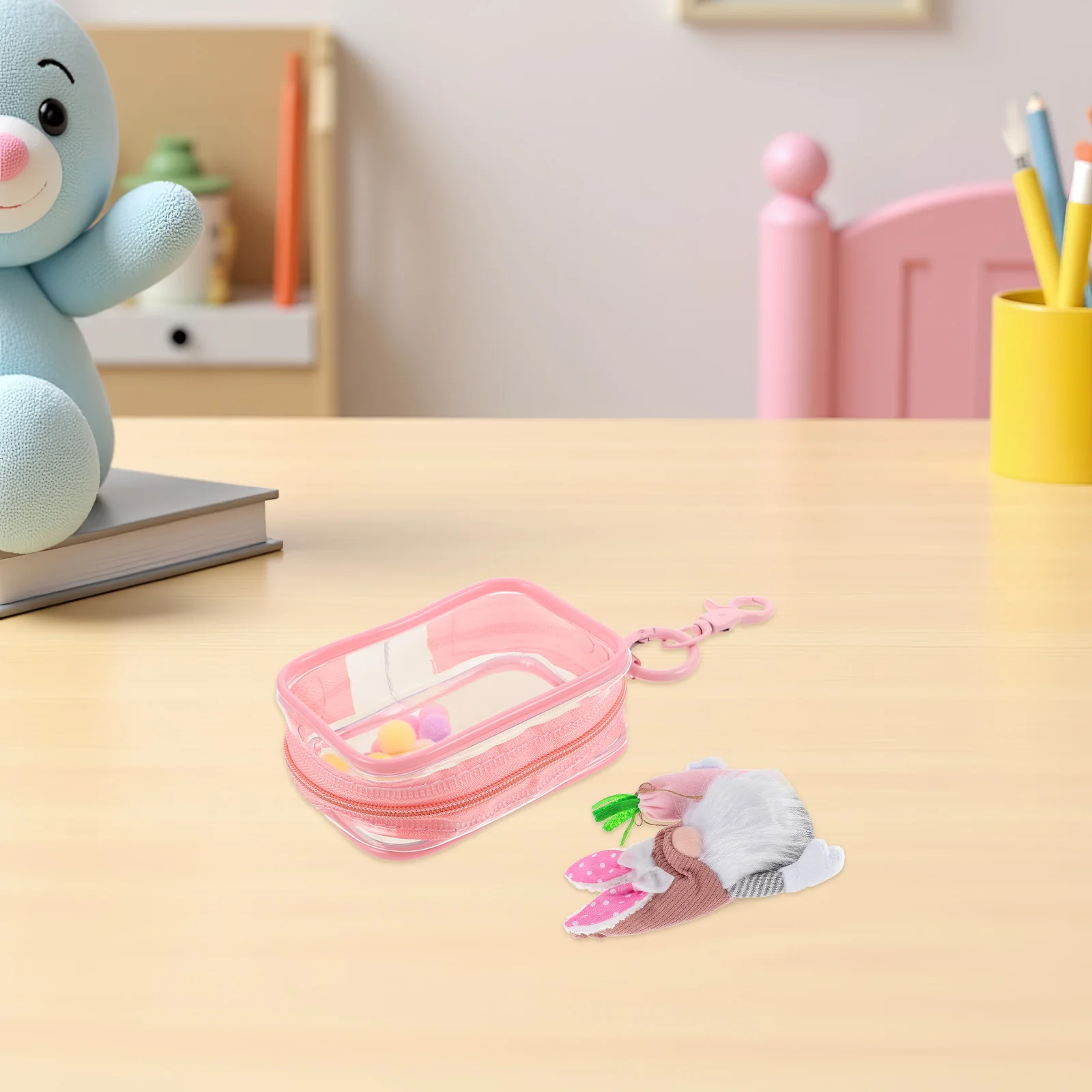 

Clear Display Storage Bag Small Square Pouch Peach Double Zipper Keychain Portable Mini Organizer