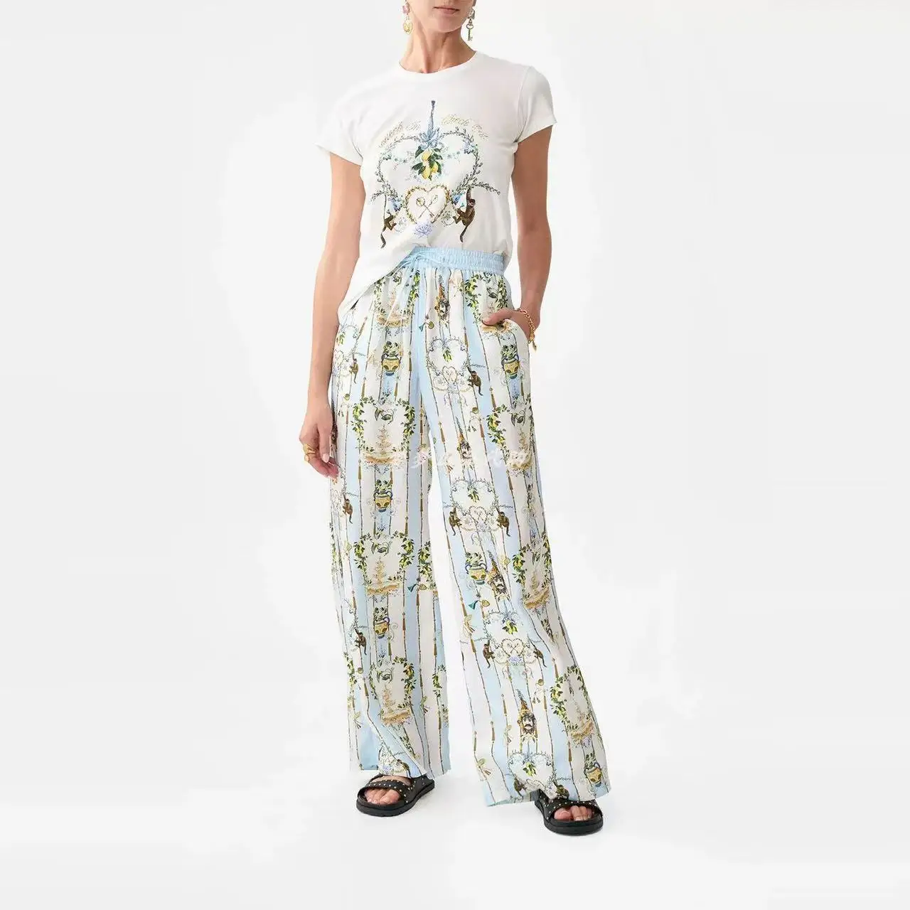 Faionable Set con colletto lungo stampato e pantaloni a gamba larga Abbigliamento estivo da donna Vestibilità ampia Ele Sle