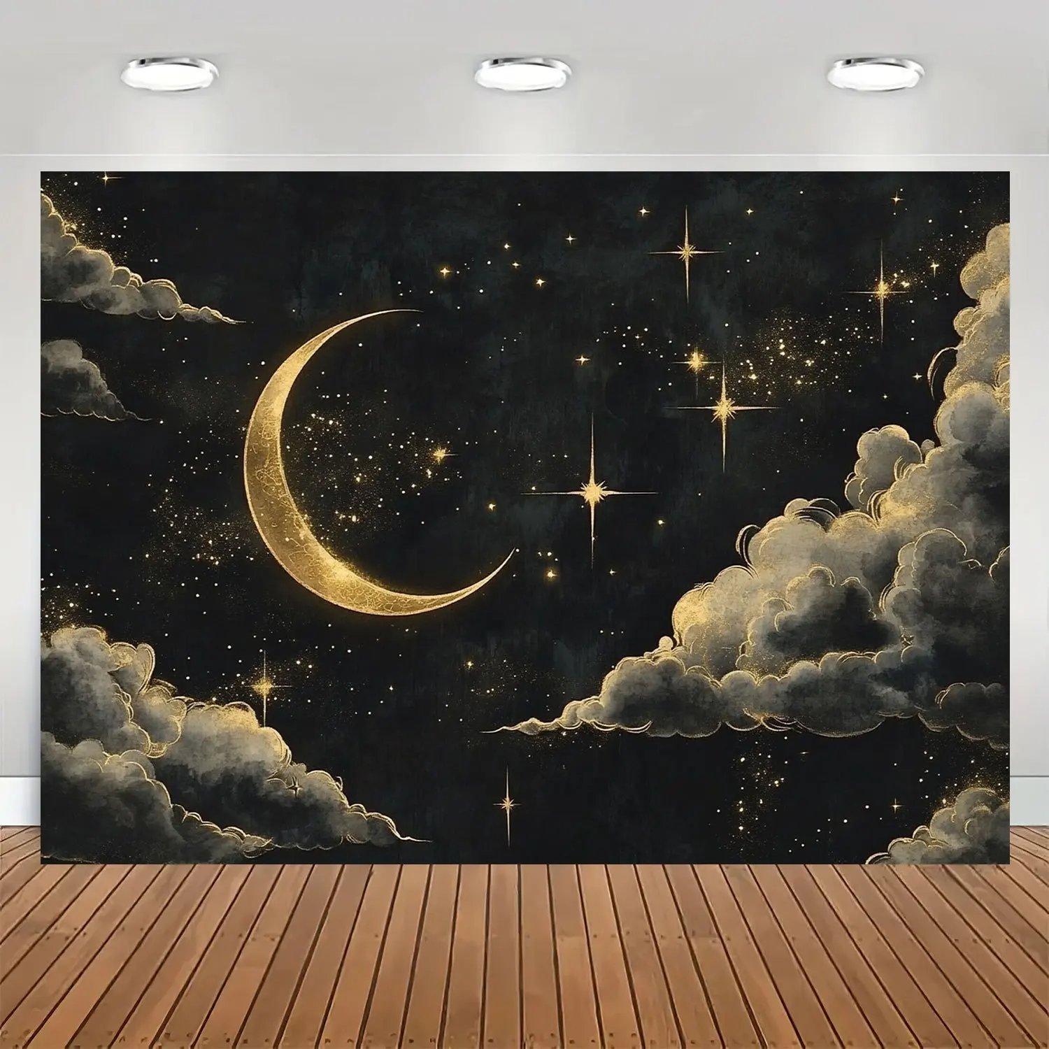 1 banra colgante  fibra  poliéster con fondo  cielo nocturno, sol, luna, XINGX y nubes para coración  cumpleaños, Na