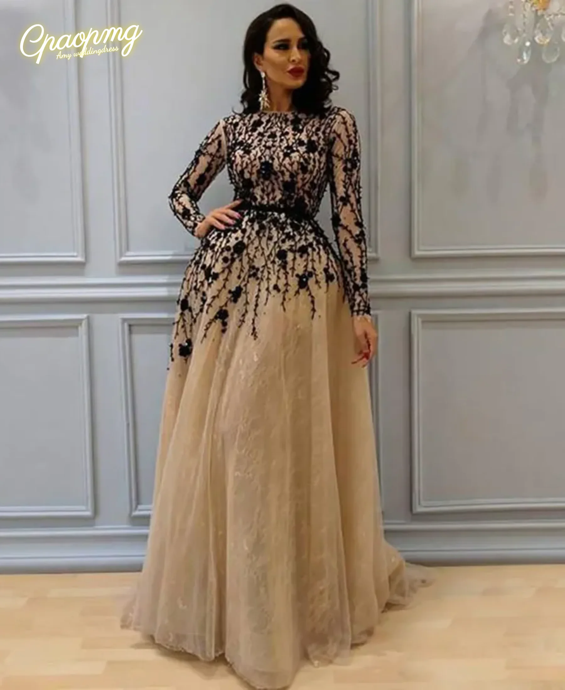 

Customized Elegant Long Sleeves Lace A Line Evening Dresses Black Lace Flowers Tulle A Line Formal Prom Gowns For Women